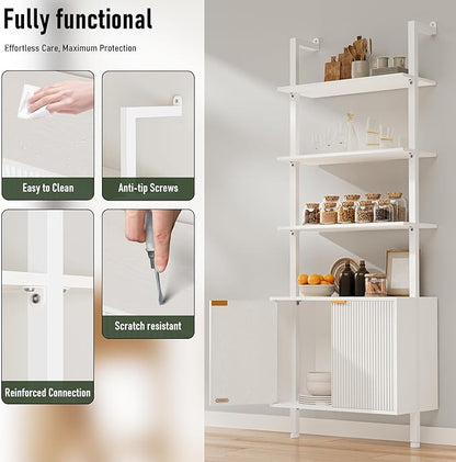 74" Tall Bookshelf with Storage Cabinet, Modern Ladder Shelf with Wood and Metal Frame, Wall Mount Bookcase Open Display Shelf Furniture for Living Room, Bedroom, Home Office, White