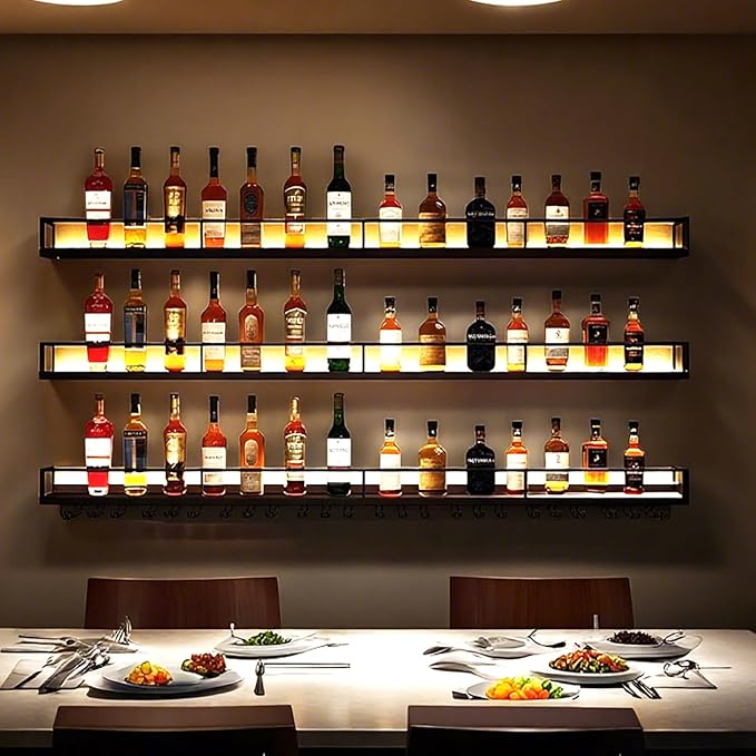 78.7in Wall-Mounted Metal Wine Rack with LED Lights 3-Tier Floating Bar Shelves with Wine Glass Rack Large Wine Bottle Display Rack Hanging Shelf, for Home Bar Decorative (Black, 200cm/78.7in)