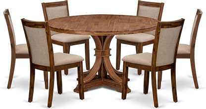 I7MZ7-50N-04 7-Pc Dining Set consists of a Pedestal Dining Table and 6 Light Tan Polyester Fabric Dining Chairs with Padded Back - Antique Walnut Finish