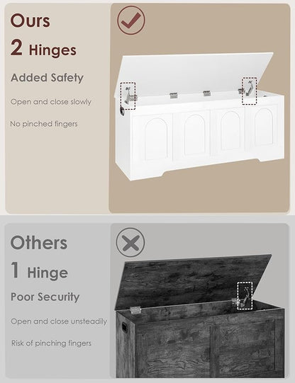 DINZI LVJ Storage Chest, 47.2”Wooden Storage Box with 2 Safety Hinges, Entryway Shoe Bench with Flip-Top, Large Trunk for Living Room, Bedroom, Easy Assembly, White
