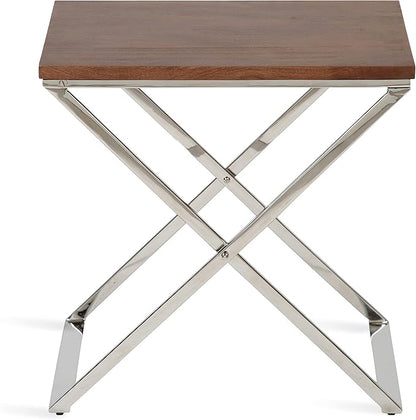 Kate and Laurel Laraway Modern Side Table, 21 x 15 x 21, Walnut Brown and Silver, Metal End Table with Solid Wood Tabletop and Foldable Frame