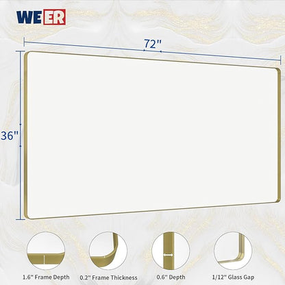 WEER Gold Bathroom Mirror, 72X36 Inch Brushed Gold Metal Frame Mirror, Rounded Rectangle Gold Bathroom Vanity Mirror for Wall, Tempered Glass, Anti-Rust, Hangs Horizontally or Vertically