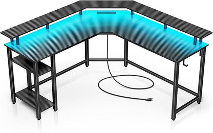 Rolanstar L Shaped Gaming Desk with LED Lights & Power Outlets, 53" Computer Desk with Full Monitor Stand & Storage Shelf, Corner Desk with Hooks, Carbon Fiber Desk Reversible