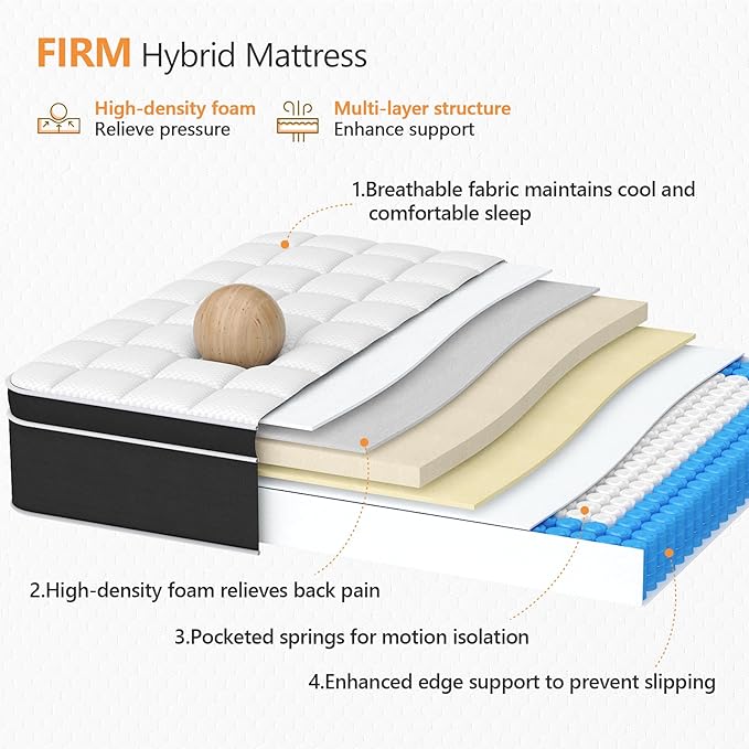 Firm Queen Mattress, 12 Inch Gel Memory Foam Hybrid Mattress Queen Size with Pocket Springs, Pressure Relief & Motion Isolation, Upgraded Support Bed in a Box, 365-Night Trial, CertiPUR-US