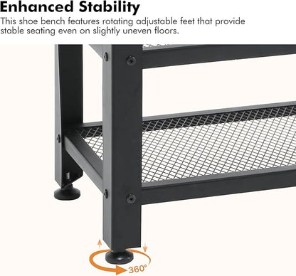 Apicizon 35.5" Shoe Rack Bench, 3-Tier Entryway Bench, with Leather Seat and Metal Frame, Loads 300 lb, Suitable for Living Room, Hallway, Mudroom, Doorway, Black