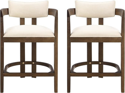 Christopher Knight Home Set of 2 Ryland Modern 26" Counter Height Bar Stools, Fabric Upholstered Counter Stools,Wooden Kitchen Island Armchair with Footrest, Round Backrest, Soft Seating,Beige+Walnut