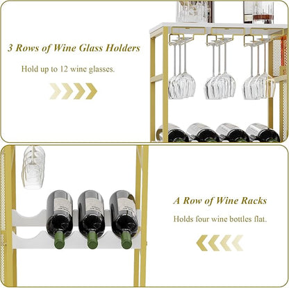 Gold Liquor Stand with Glass Holder, Multifunctional Wine Rack Freestanding Floor with Fences, Mini Bar Table for Liquor Whiskey Wine, 3-Tier Trapezoidal Liquor Cabinet for Home Bar (Patent Pending)