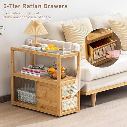 Bamboo & Rattan Side Table with Glass Top – 2-in-1 End Table and Bedside Cabinet with Drawer Storage for Small Spaces, Bedroom, Living Room, Nature