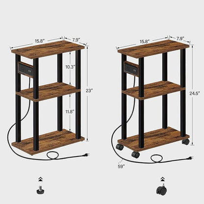 TUTOTAK Small Narrow Side Table with Charging Station, Set of 2 Skinny End Table for Small Spaces, Slim Nightstand with USB Ports and Outlet,Sofa Beside Table with Wheels, Brown TB01BB047