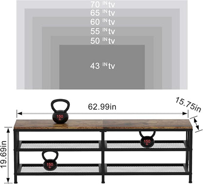 TV Stand for TVs up to 70 Inch, 63" Long Industrial TV Console Table with 3-Tier Storage Shelves, Entertainment Center for Living Room, Bedroom (Rustic Brown)