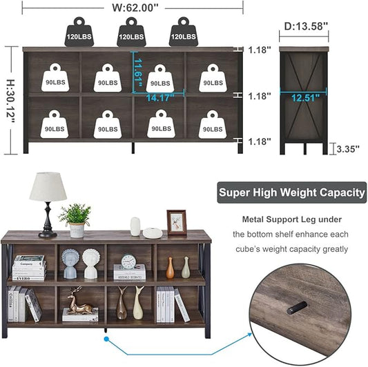 FATORRI 8 Cube Storage Organizer Bookshelf, Rustic Wood Cubby Bookcase, Industrial Horizontal Long Shelf for Living Room (Walnut Brown, 62 Inch)