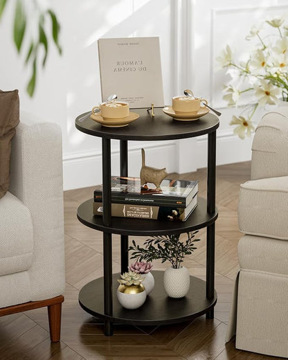 Small Round End Table - 3 Tier Design Accent Table, Narrow Side or Bedside Stand, Industrial Vintage Nightstand for Bedroom, Living Room, or Small Spaces, Charcoal Wenge