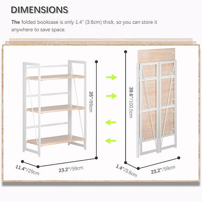 4NM No Assembly 3 Tiers Book Shelves, White Folding Bookshelf Bookcase Open Industrial Foldable Shelves for Bedroom, Living Room, Home Office - Natural White