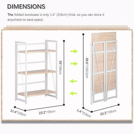 4NM No Assembly 3 Tiers Book Shelves, White Folding Bookshelf Bookcase Open Industrial Foldable Shelves for Bedroom, Living Room, Home Office - Natural White