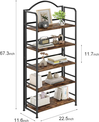 No-Assembly Folding Bookshelf Storage Shelves 5 Tiers Vintage Multifunctional Plant Flower Stand Storage Rack Shelves Bookcase for Home Office