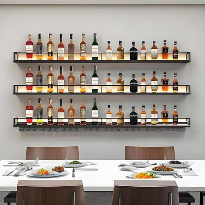 78.7in Wall-Mounted Metal Wine Rack with LED Lights 3-Tier Floating Bar Shelves with Wine Glass Rack Large Wine Bottle Display Rack Hanging Shelf, for Home Bar Decorative (Black, 200cm/78.7in)