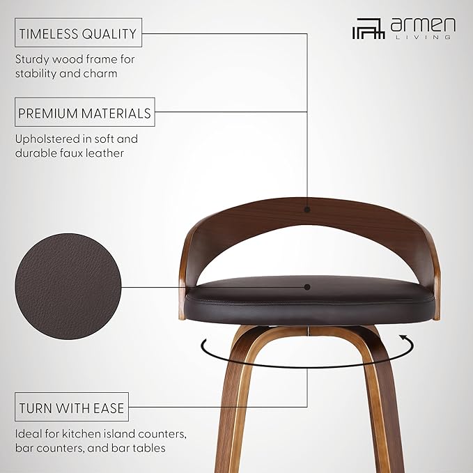 Armen Living Sonia 30" Bar Height Swivel Brown Faux Leather and Walnut Wood Bar Stool - Set of 3