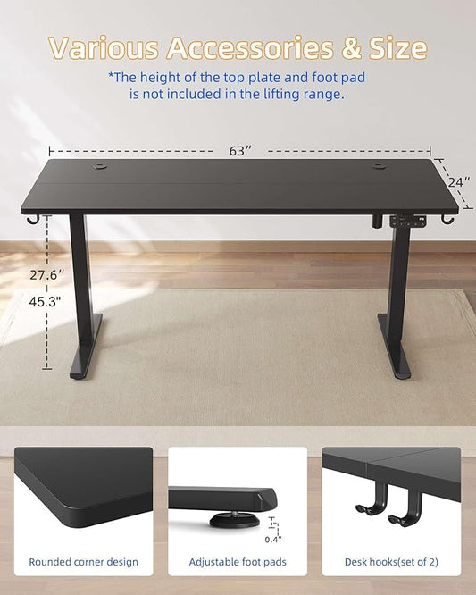 YIHAYO Electric Standing Desk, 63 x 24 Inches Stand Up Desk with Splice Board, Adjustable Height Desk, Computer Desk for Home Office, Black Frame/Black Top