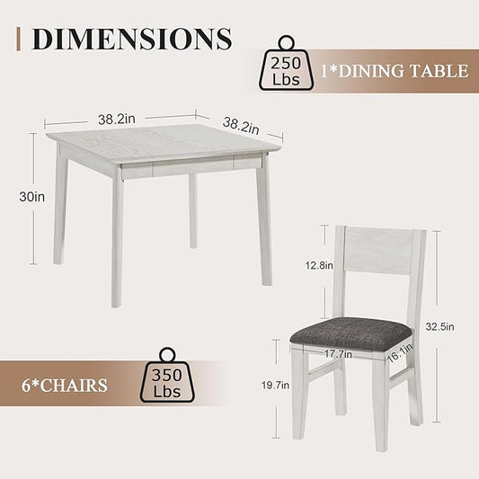 5-Piece Square Dining Table Set for 4, 38.2'' Solid Wood Kitchen Table with 4 Upholstered Chairs & 2 Drawers for Dining Room, Kitchen, Small Space, Washed Gray
