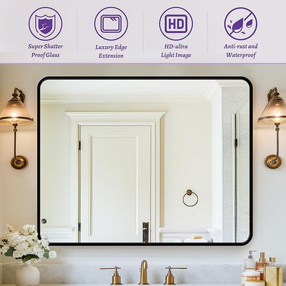 Bathroom Mirror, 40" x 30" Wall Mirror, Rectangular Aluminum Alloy Frame Contemporary Hanging Mirror for Living Room Bathroom Entryway, Black Rounded Corner