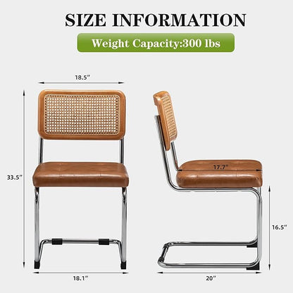 Rattan Dining Chairs Set of 2 Mid Century Modern Kitchen Chairs with Natural Rattan Backrest Oak Frame and Upholstered Pu Seat Chairs with Metal Legs