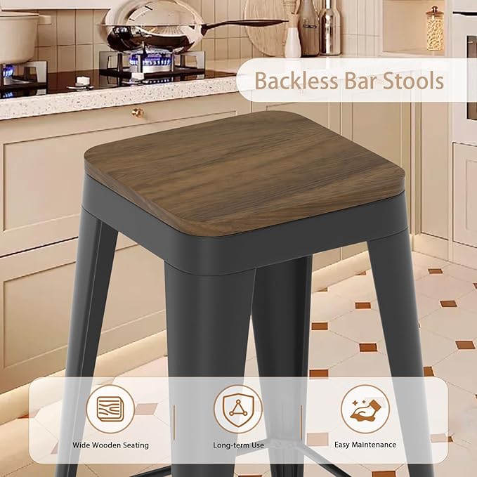 26 inch Backless Bar Stools Set of 4, Indoor Metal Bar Stools with Wood Seat, Industrial Counter Height Barstools for Kitchen Island, Black