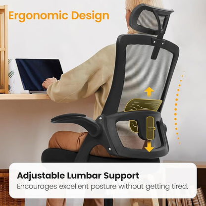 NEO CHAIR Ergonomic Office Desk Chair High Back Computer Gaming Mesh Chair with Comfy Task Adjustable Arms Lumbar Support Headrest Swivel for Home Office (Black)