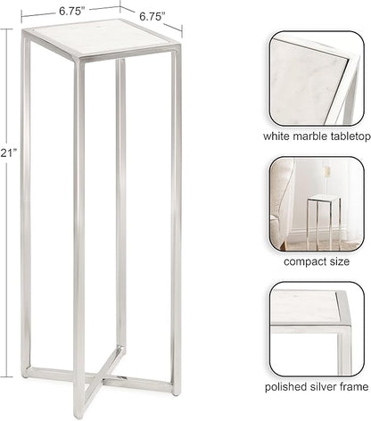 Kate and Laurel Jaspur Modern Glam Drink Table, 7 x 7 x 21, White and Silver, Decorative Metal and Marble Accent Martini Cocktail Table for Display and Storage