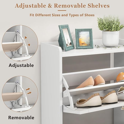 Shoe Bench with 3 Flip Drawers, Entryway Storage Bench with Cushion, Adjustable Shelves, Shoe Cabinet with Storage Space for Entryway, Living Room, Hallway, Mudroom, Bedroom, White