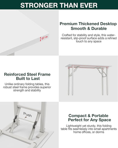Frylr Small Folding Computer Desk – 55.1 Inch Portable Table for Craft and Study, Lightweight Desk for Small Spaces, Foldable Laptop Table Built-in AC/USB Outlets for Convenience, White