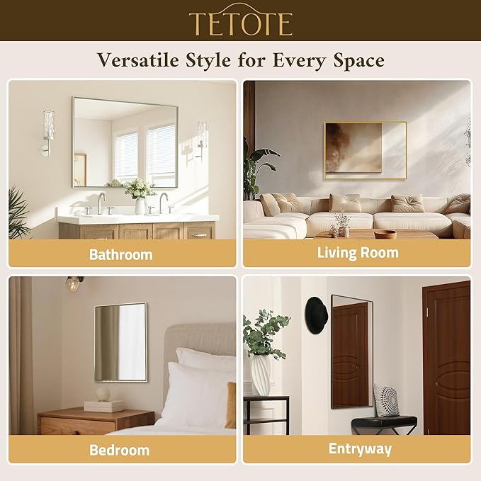 TETOTE Brushed Nickel Vanity Mirror for Bathroom 60" x 30" Beveled Frame Rectangle Bathroom Mirror for Over Sink Brushed Nickel, Tempered Glass, Stronger Frame, Modern Farmhouse Bedroom, Entryway