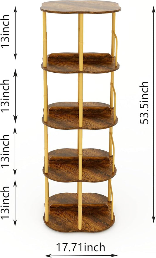 4-Tier Rotating Bookshelf, 360 ° Display Stackable Spinning Bookshelf Tower, Narrow Space Saving Tall Floor Standing Swivel Bookcase Corner Organizer for Bedroom, Living Room, Gold
