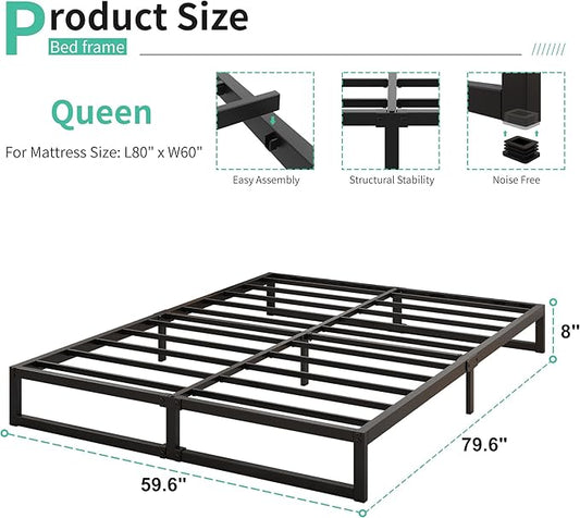 8 Inch Queen Bed Frame Heavy Duty Steel Slat Support Metal Queen Size Platform Bed Frame No Box Spring Needed, Easy Assembly, Black