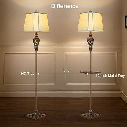 65" High Vintage Floor Lamp with Night Light and Glass Tray, Farmhouse Standing Lamp with Beige Faux Silk Shade, Retro Rustic Tall Lamp Decor for Living Room, Bedroom, Bedside, Corner (Bulb Included)