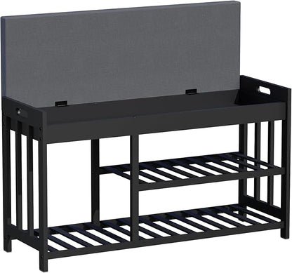 Shoe Rack Bench with Cushion,2 Tiers Shoe Bench with Flip-Top Storage,Wood Shoe Rack for Entryway, Hallway, Bedroom, Front Door Entrance (Black)