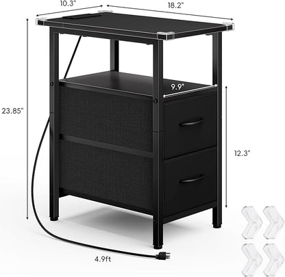 Vagusicc End Table with Charging Station Set of 2, Narrow Side Table, 23.8'' Tall Nightstand with 2 Drawers, Small Sofa Side Table Narrow Nightstand for Small Spaces, Living Room, Bedroom, Black