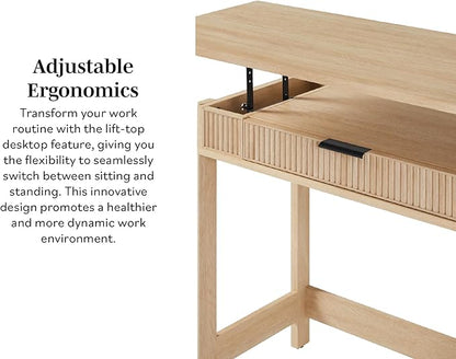 WALKER EDISON Transitional Style Furniture, Reeded Detail, Lift-Top Desk with Drawer and Storage Cubby, Sitting to Standing Desk, Soft Self-Close Desktop, 38”W x 16.75”D x 30”H, Coastal Oak