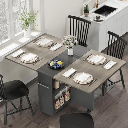 Space Saving Folding Dining Table with 2 Tier Storage-Extendable Drop Leaf Farmhouse Kitchen Dining Room Tables Set for 4, Collapsible Expandable Rectangle (Carlo Grey, 47.2"D x 23.6"W x 29.5"H)