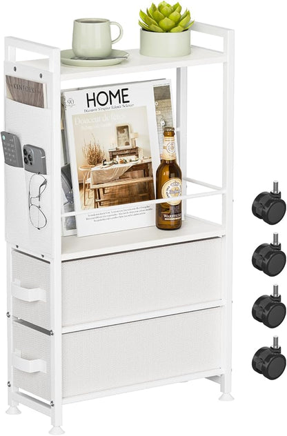 Small Narrow Side Tables for Small Spaces, Skinny Bedside End Table Nightstand with Drawers&Wheels, Slim Desk Stand Magazine Rack with Storage Bag for Sofa Living Room Couch Bedroom (White)