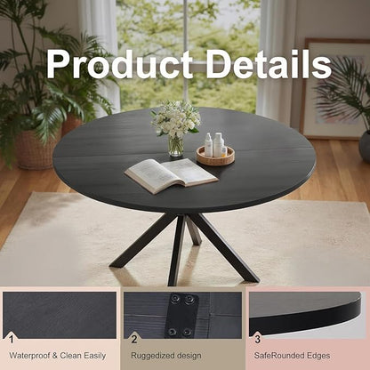 47 Inch Round Dining Table for 4, Modern Round Dinner Table Small Mid Century Dining Room Tables, Leisure Kitchen Tables for Small Space, Kitchen, Living Room, Steel Legs, Black