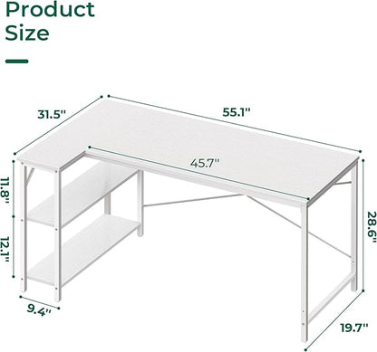 Huuger L Shaped Desk, 55 Inches Computer Desk with Reversible Storage Shelves, for Gaming Corner Home Office Writing Study, Metal Frame, White