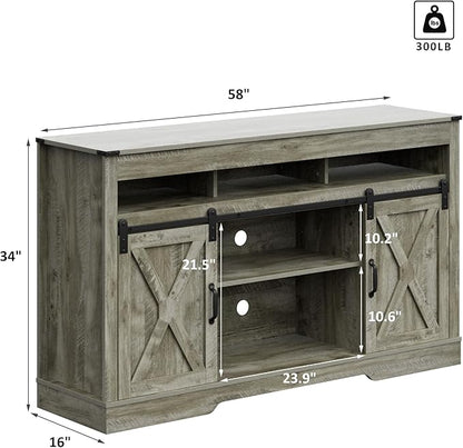 RoyalCraft Farmhouse TV Stand with Sliding Barn Door for TVs up to 65+ Inch, 34" Tall Entertainment Center, Wood Media Console Storage Cabinet for Bedroom, Living Room, Light Grey