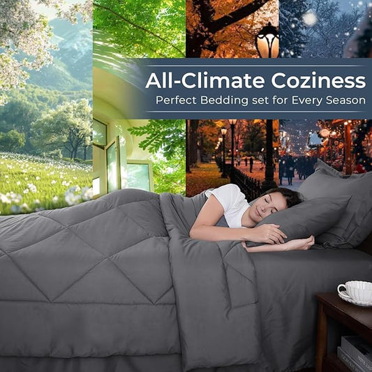 HEVUMYI Full Comforter Set - 7-Piece All Season Bed in a Bag Full, Ultra Soft Bedding Set with Comforter, Flat Sheet, Fitted Sheet, Pillowcases, Pillow Shams, Dark Grey