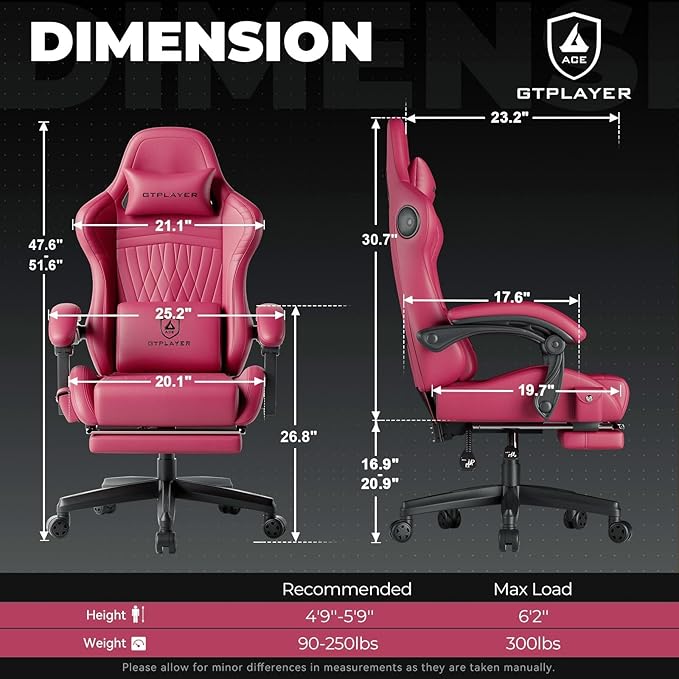 GTPLAYER ACE-PRO Music Gaming Chairs – Built-in Speakers, App Support & Bluetooth Control, Footrest & Pocket, Gamer Chair for Adults, Wine Red