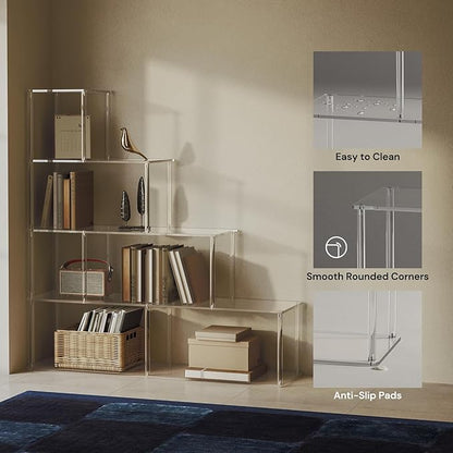 5-Tier Acrylic Stepped Bookshelf with 6 Cube, Modern Bookcase, Clear Open Book Shelf for Home Office, Living Room, Bedroom, 11.8" D x 47.2" W x 49.2" H