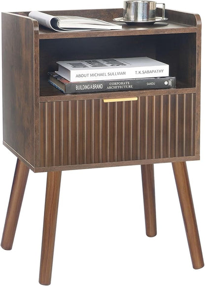 AWASEN Mid Century Modern Nightstand, Wood Bedside Table with Fluted Drawers, Rustic Night Stand Bed Side Table with Solid Wood for Living Room, Bedroom, Office and Small Space (Rustic Brown)