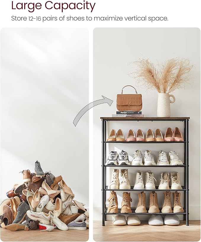 VASAGLE Shoe Rack, 5-Tier Shoe Storage Organizer for Entryway and Closet, Holds 12-16 Pairs of Shoes, 4 Fabric Shelves, Steel Frame, Industrial, Rustic Brown and Black ULBS036B01
