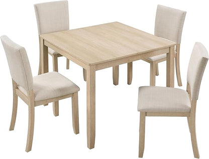 Ball & Cast 5 Piece Dining Table Set with 4 Upholstered Chairs,Wooden Living Room Furniture W/ 34.5" Square Kitchen Desk & Backrest Chair,for Small Space,Dining Room,Liaght Oak & Beige