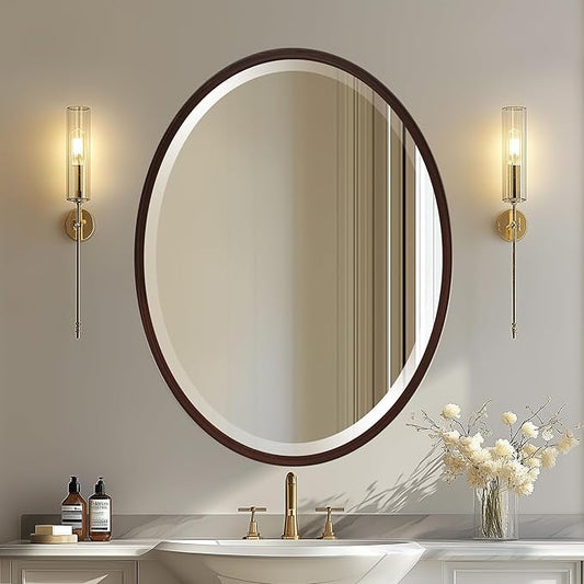 OVALCREST - Oval Wooden Beveled Wall Mirror for Home Decor, Bathroom, Vanity, Bedroom, Living Room, Hallway - London Style (Black Walnut) 13.1 x 17.1