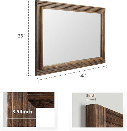 YOSHOOT Hand-Made Wooden Spliced Wall Mirror for Bathroom, Rustic Farmhouse Vanity Mirror, Décor Wall Art, Solid Wood Frame, Vertical or Horizontal Hanging, 60" x 36", Brown